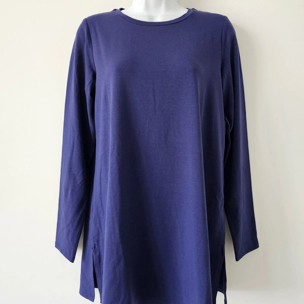 NWT EILEEN FISHER Venus Purple Blue Stretch Jersey Crew Neck LS Tunic Top XS
